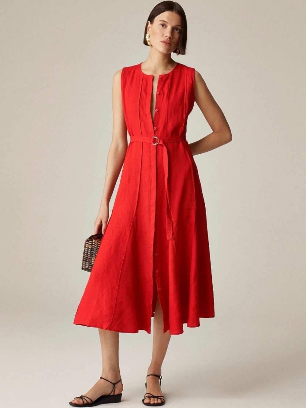 New JCREW Size L Seamed Linen Dress in Red $248 CA671 - Picture 2 of 7
